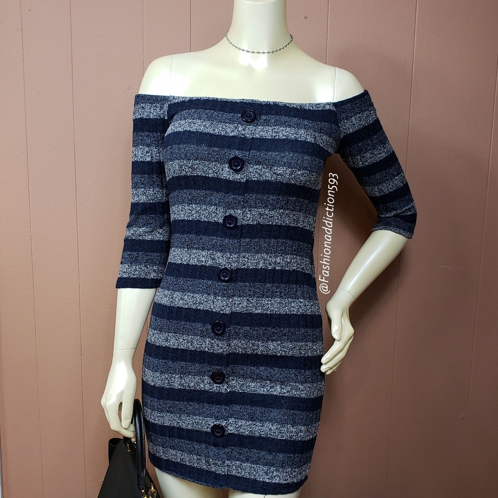 Stripped off-the-shoulder button mini dress